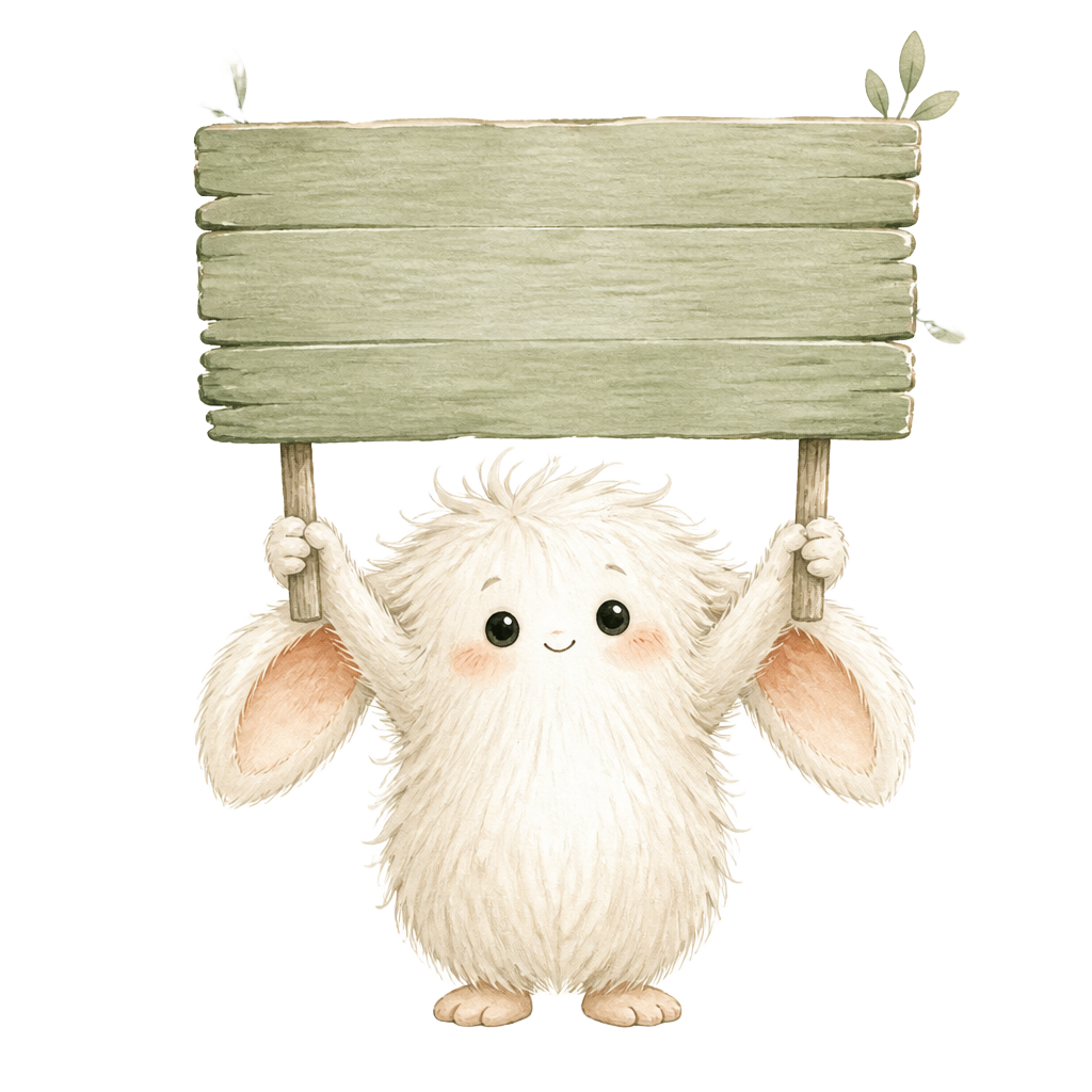 Pimousse tient une pancarte en bois